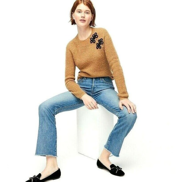 J. Crew Sweaters - J.CREW Ribbed Alpaca Blend Camel Tan Sweater with Floral Beaded Clasps M